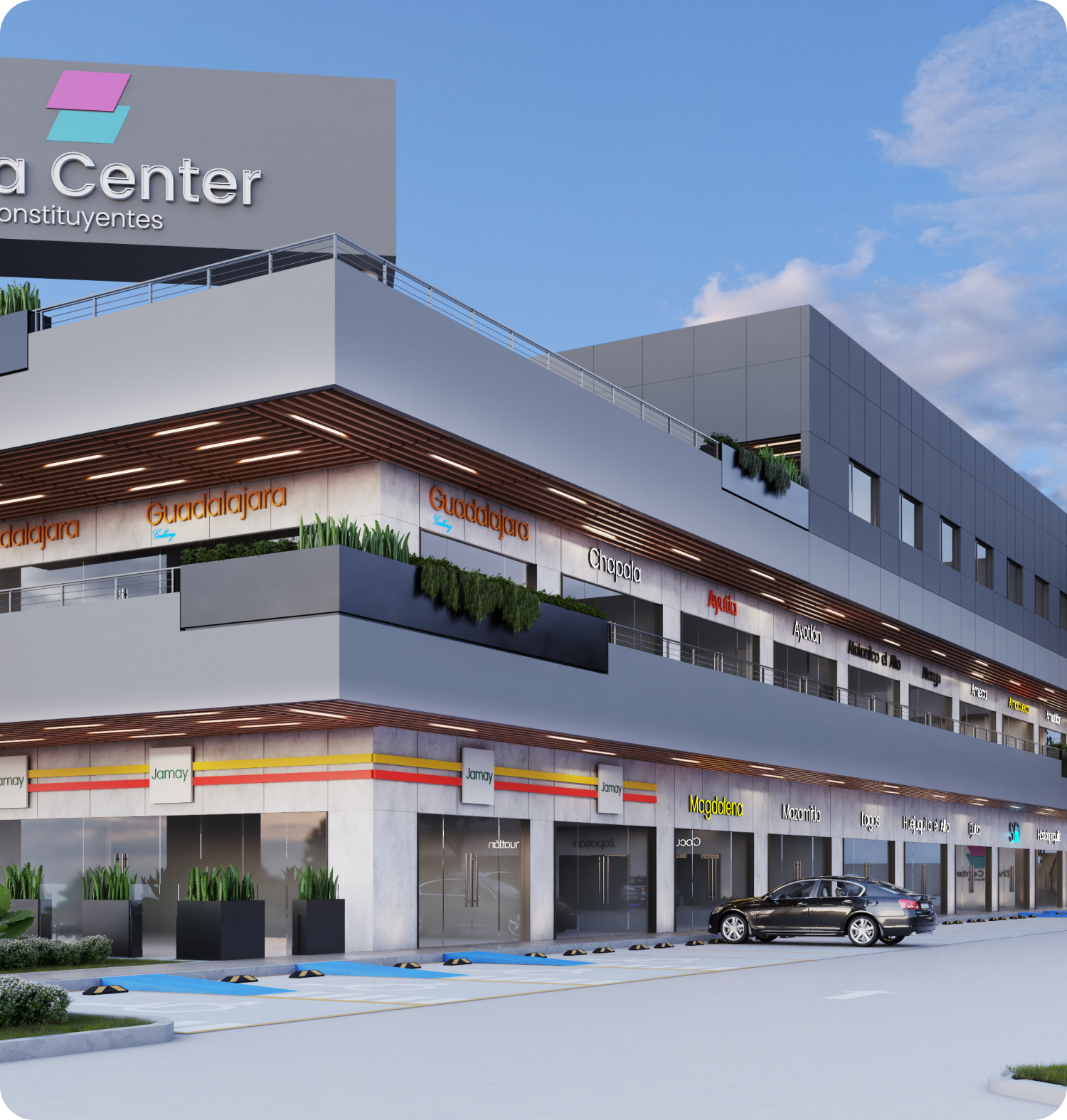 Vista exterior de la plaza comercial Zivva Center