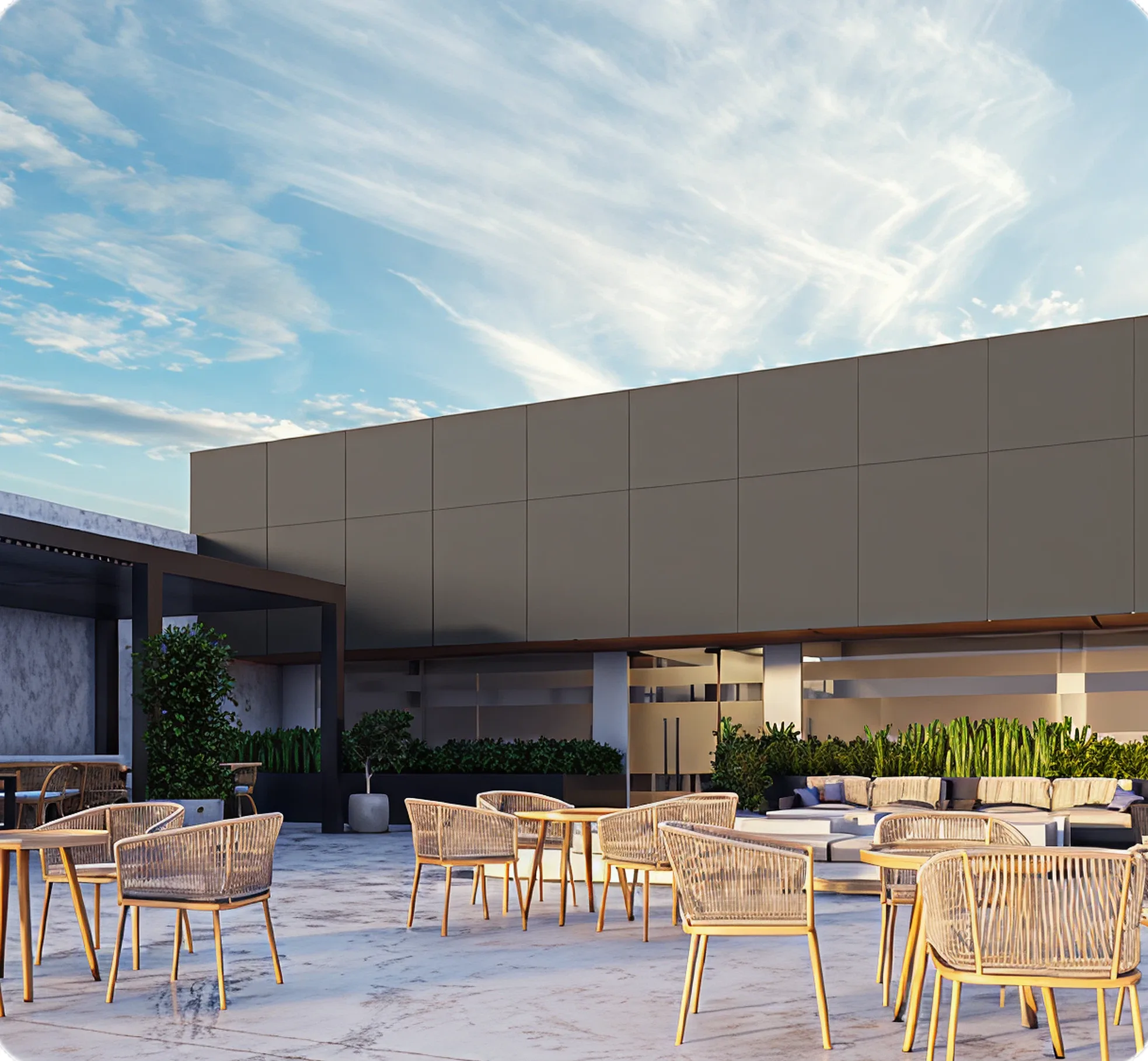 Terraza y áreas comunes de Zivva Center